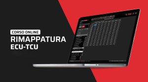 Black and red background with a laptop and the title of the course