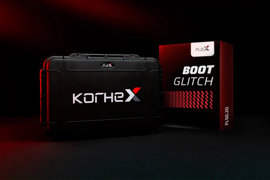 Korhex black case and a Boot Glitch software license on a dark background.